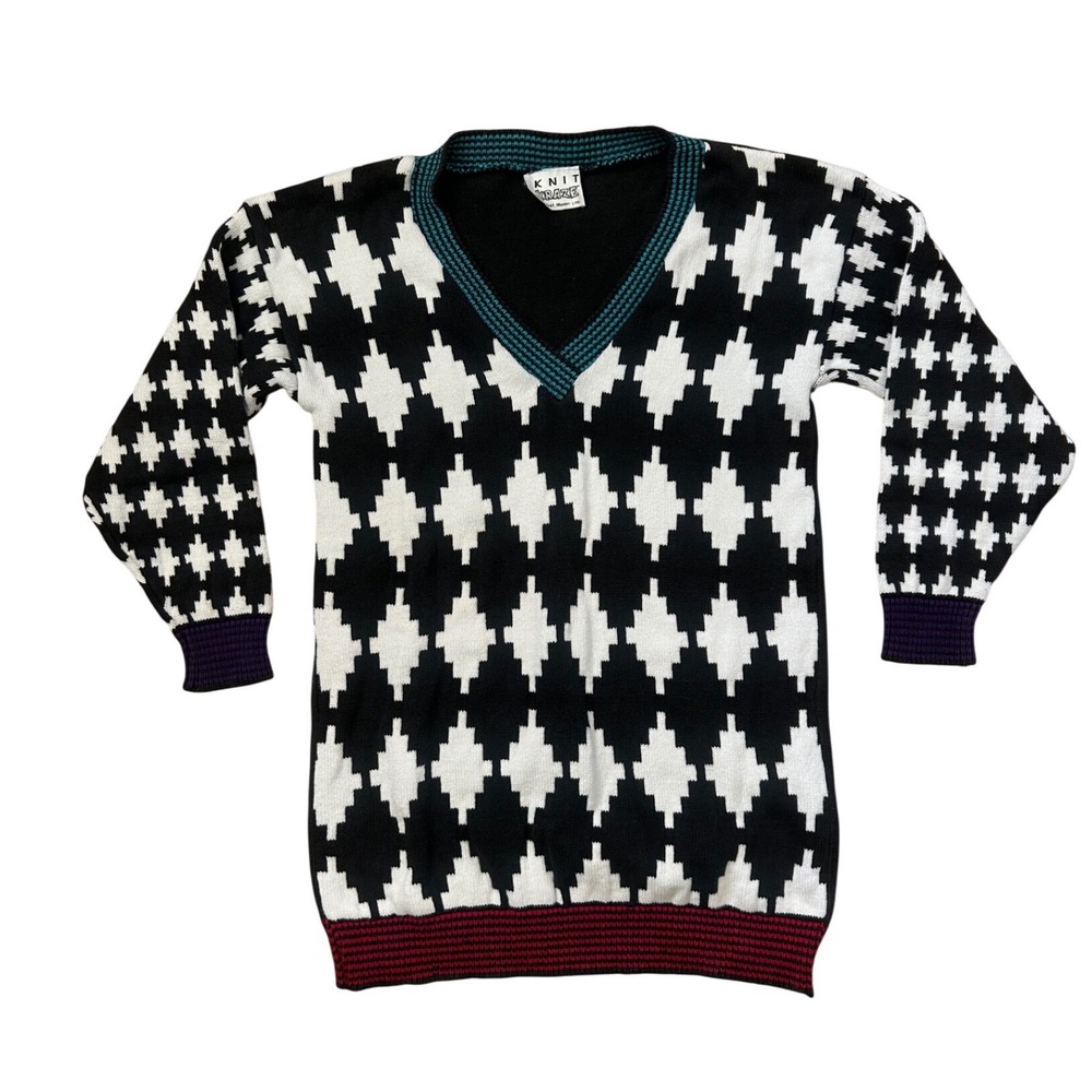 VTG 90s Cotton V neck sweater funky‎ Jacquard houndstooth M artsy Checkered